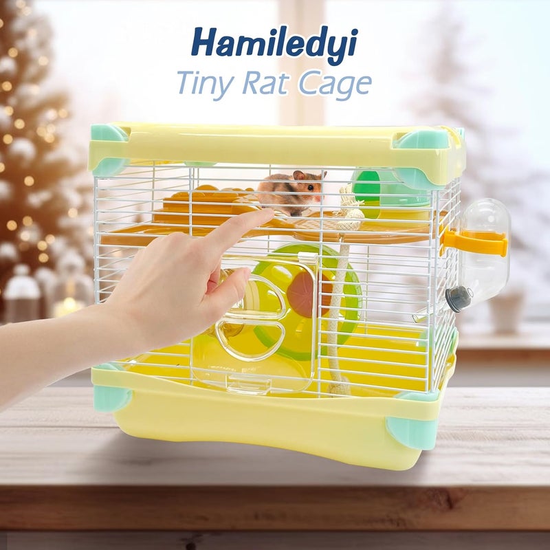 Hamiledyi قفص هامستر محمول بطبقتين موطن هامستر قزم 10.90"L*8.07"W*9.84"H قفص سفر للحيوانات الصغيرة مع عجلة تمرين قفص هامستر لقوارض الهامستر والفئران والجرذان والحيوانات الأليفة الصغيرة - Image 4